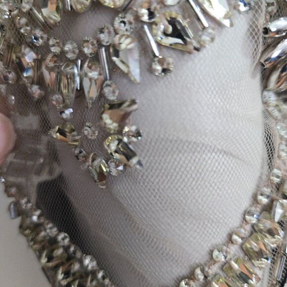 Bebe Vtg Y2K Black Mini Dress S Plunge Neck Sheer Sleeve Rhinestones Open Back - Picture 6 of 14